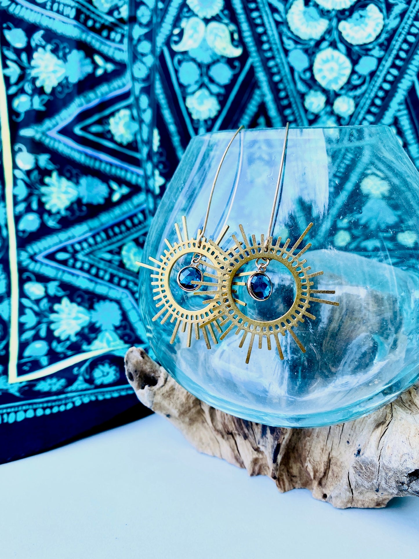 Brass Sunburst Earrings in Peacock Blue