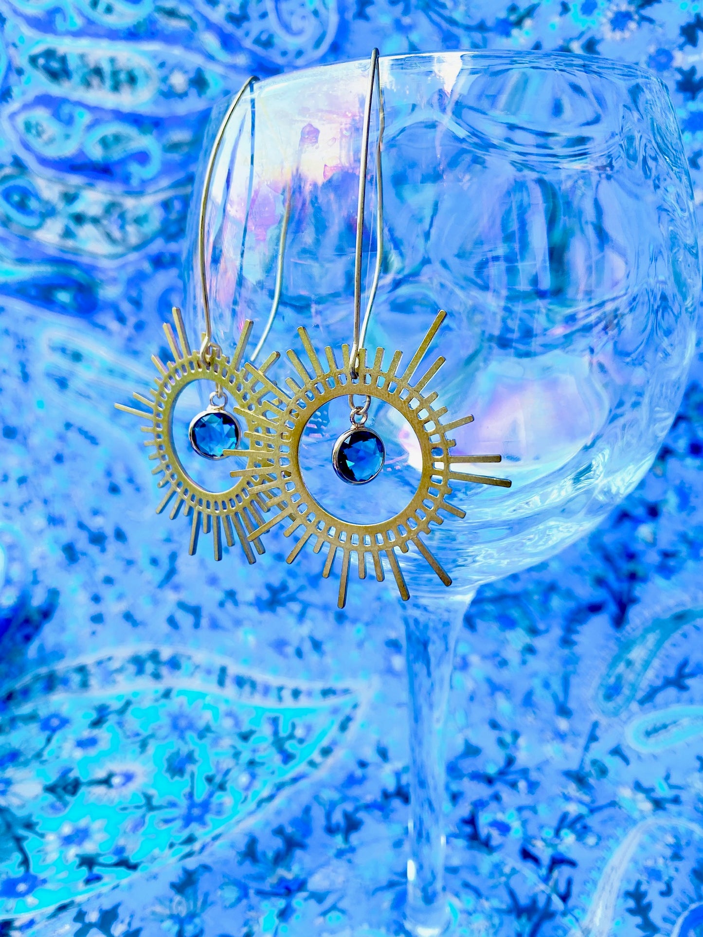 Brass Sunburst Earrings in Peacock Blue