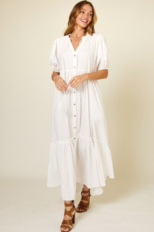 Checked Button Down Maxi Dress with Puff Sleeves in White