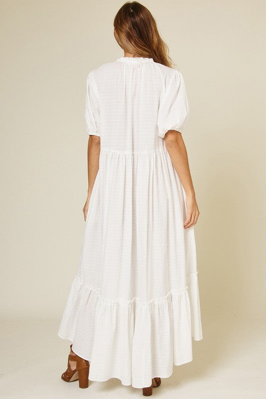 Checked Button Down Maxi Dress with Puff Sleeves in White