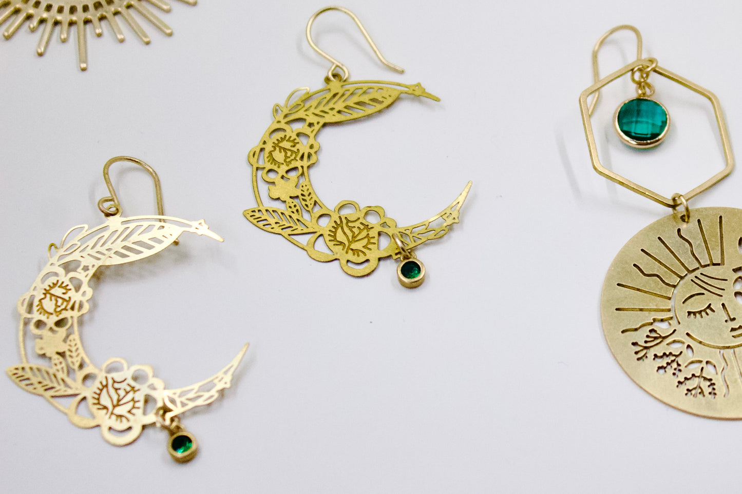 Brass Floral Moon Earrings in Emerald Green