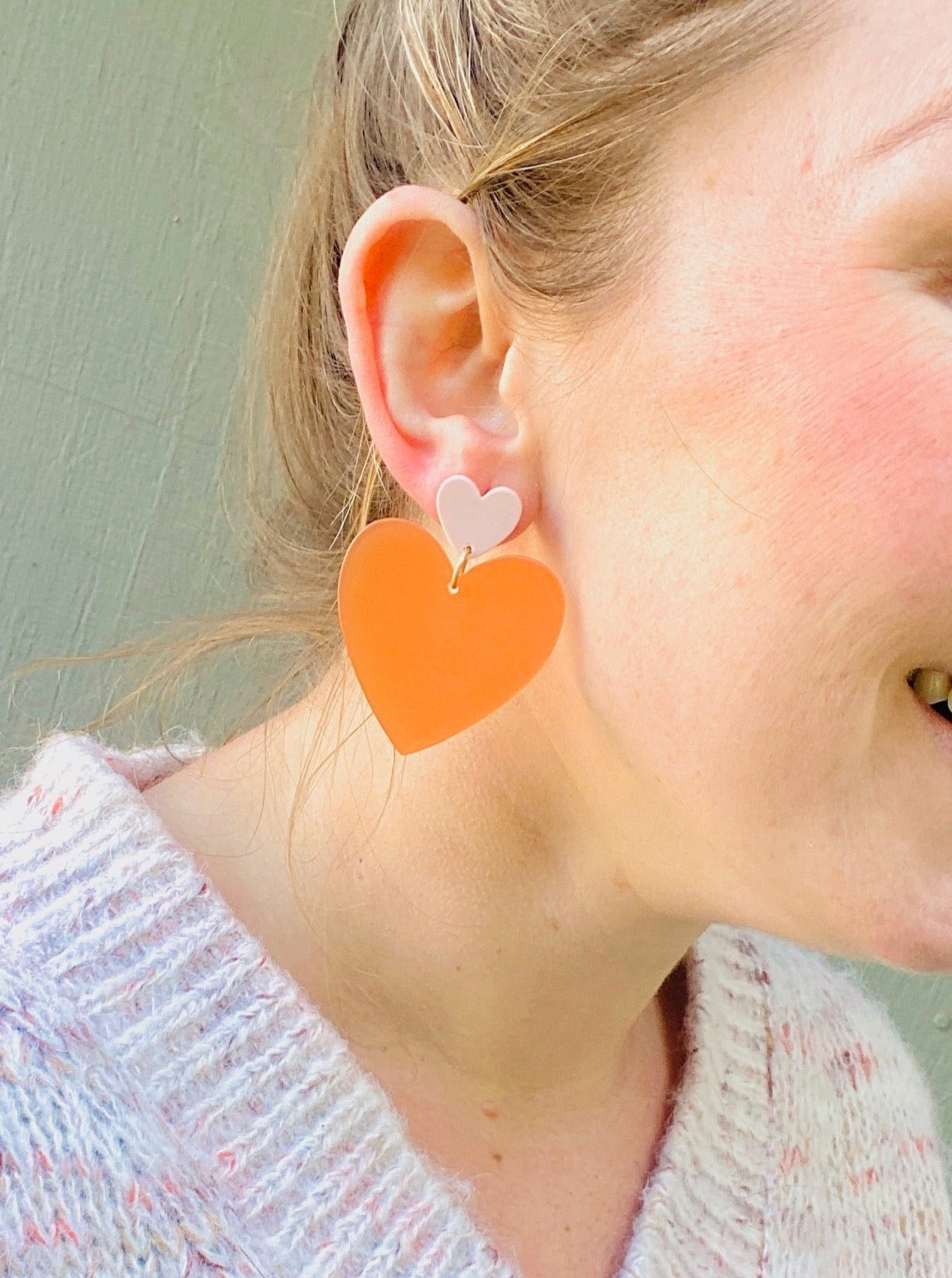 Two Tone Heart Studs with Blush and Orange