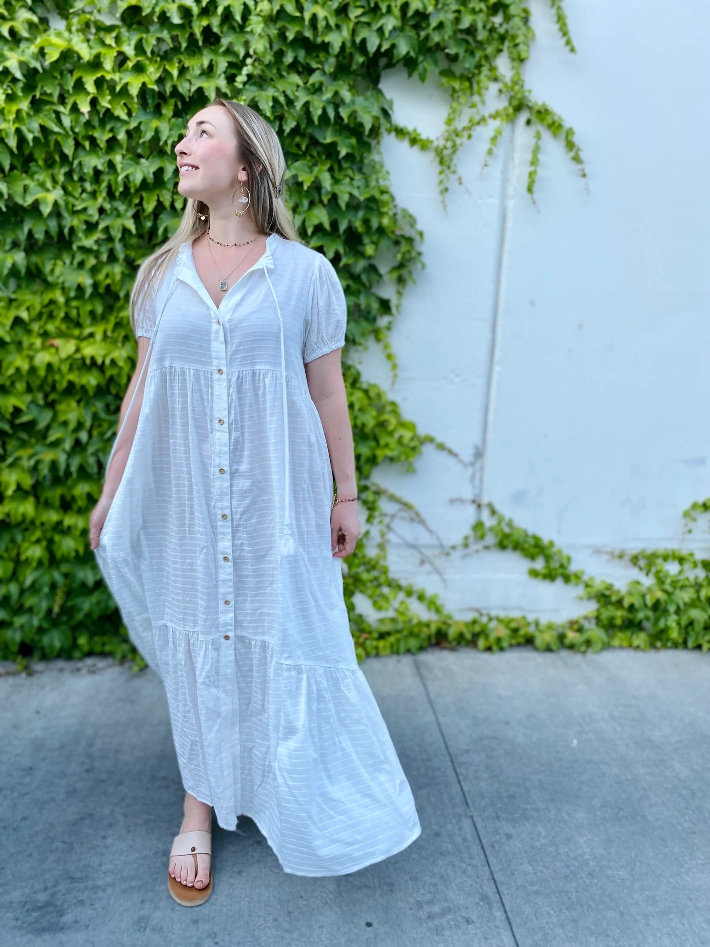 Checked Button Down Maxi Dress with Puff Sleeves in White