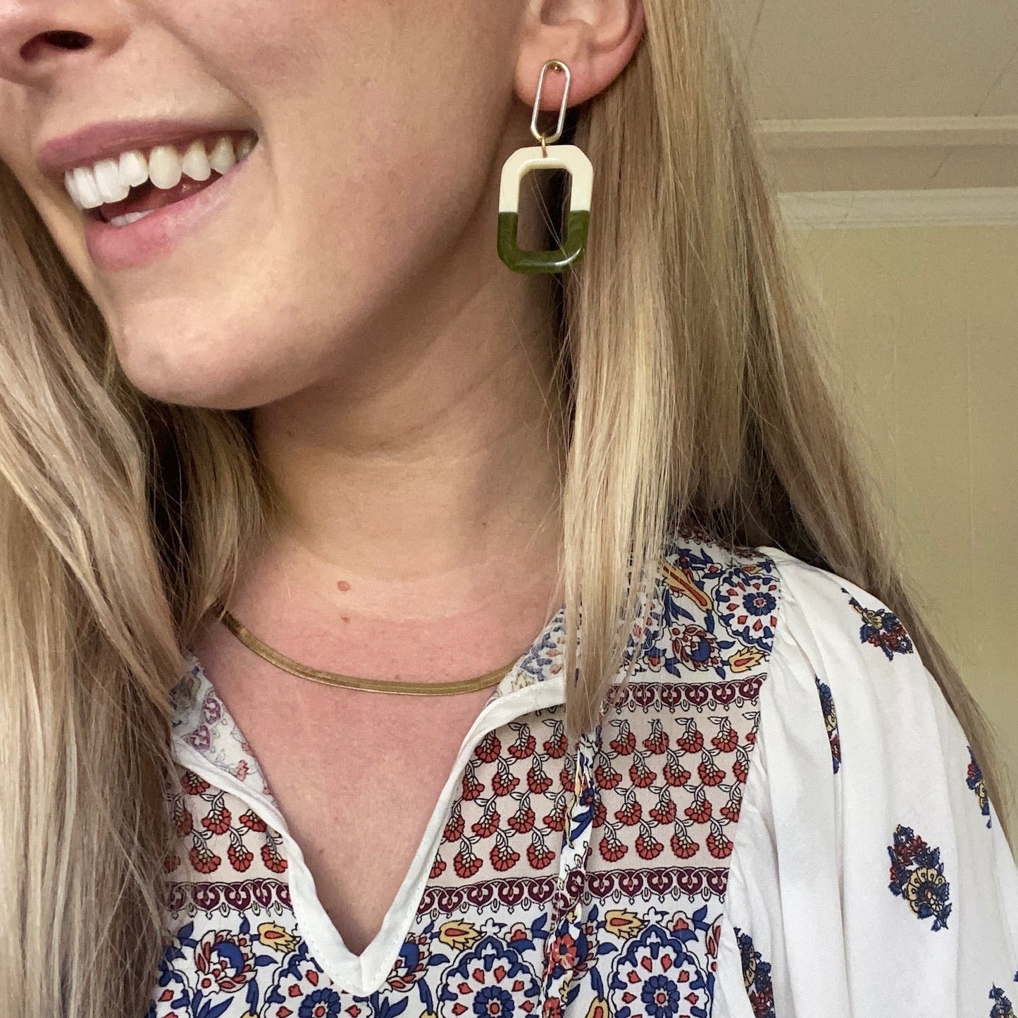 Two-Tone Double Rectangle Earrings in Green and Cream