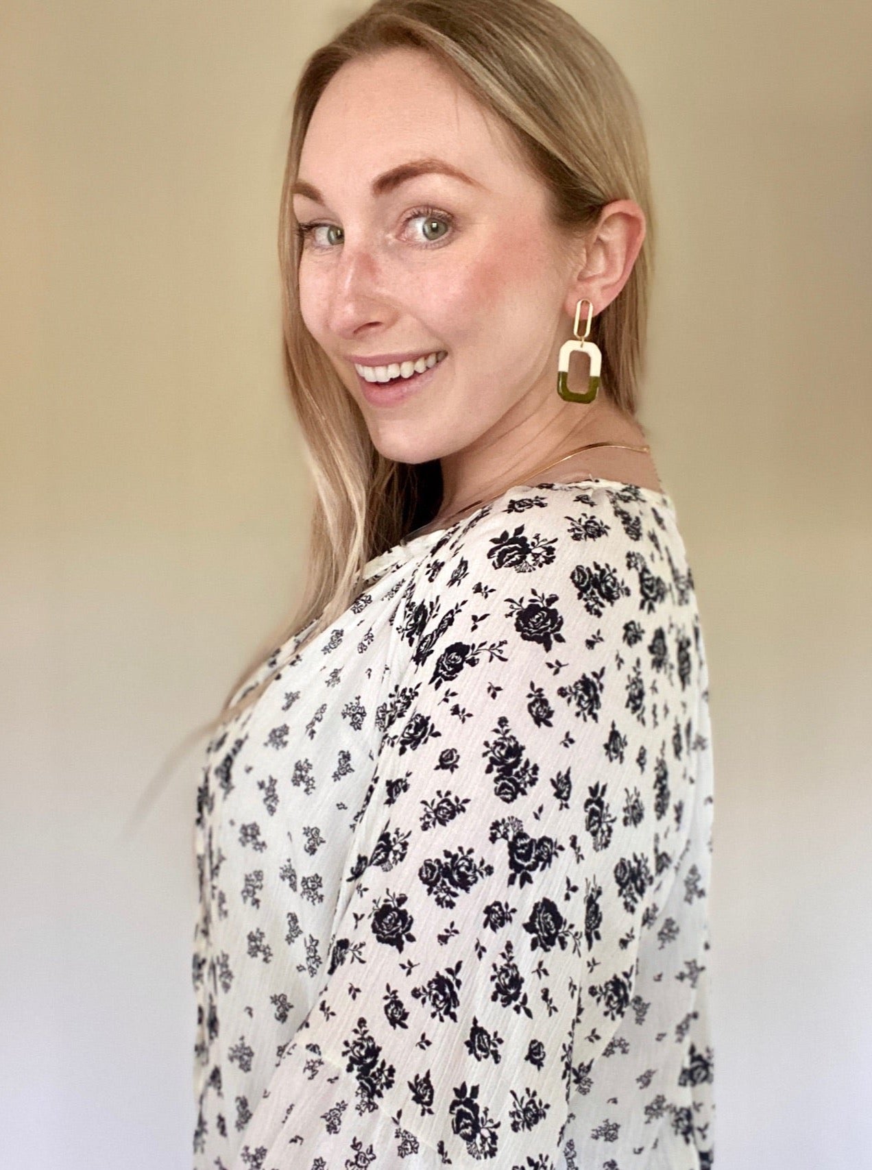 Two-Tone Double Rectangle Earrings in Green and Cream